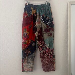 Womens Patchwork Floral Multicolor Pull On Straight Leg Pants Cotton XS/S Boho